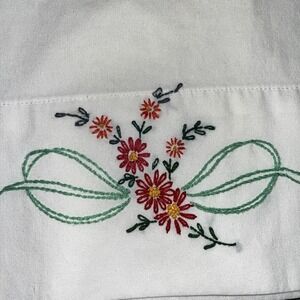 Vintage Single Embroidered Pillowcase Flowers And‎ Ribbon 19x29
